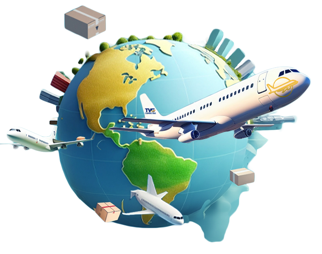 Planeta tierra con aviones volando y cajas